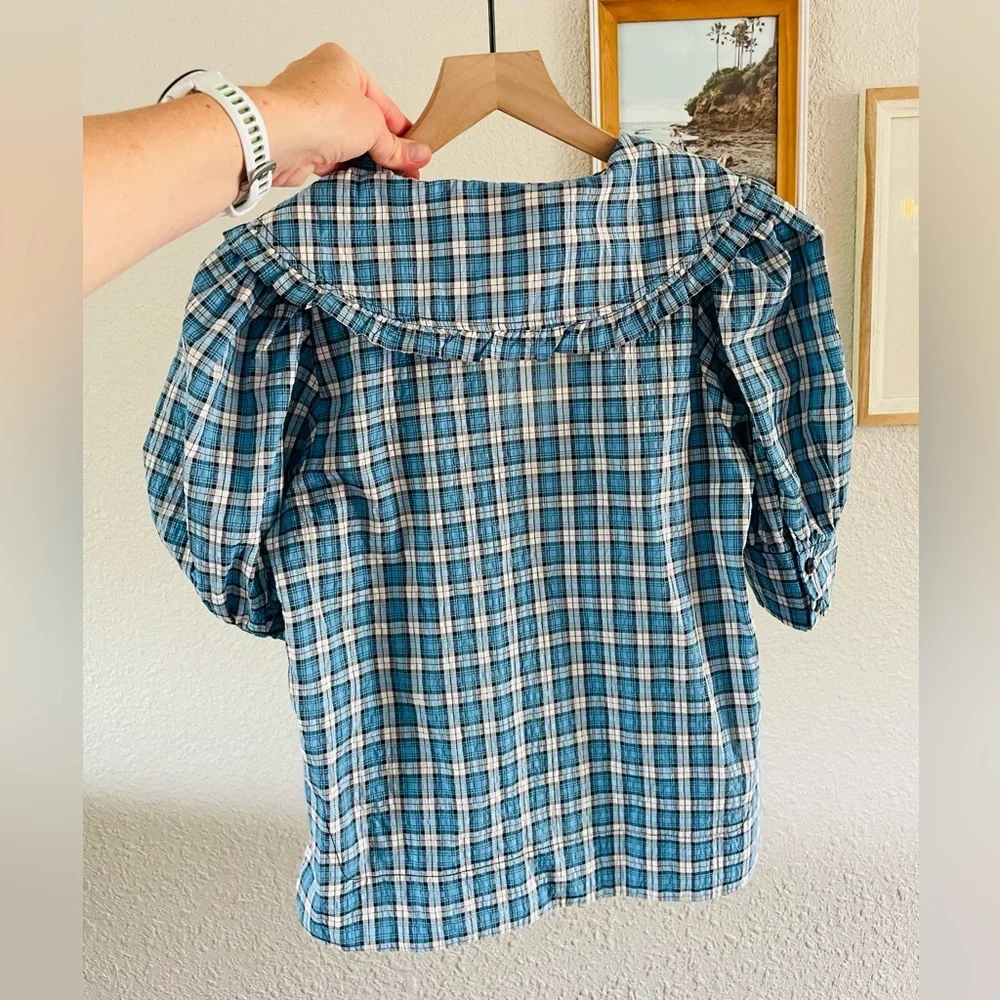 GANNI Seersucker Check V-Neck Ruffle Blouse in Azure Blue - Picture 8 of 14